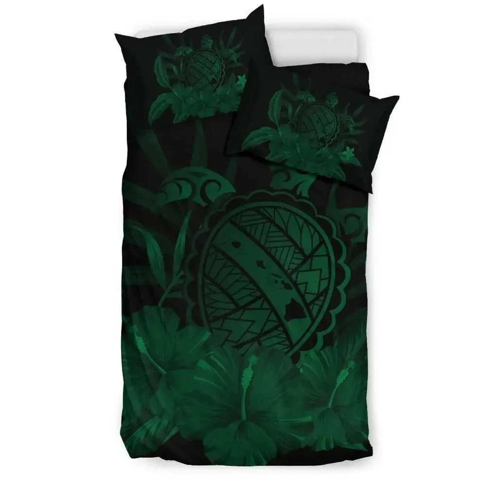 FamilyGater Home Set - Hawaiian Map Turtle Hibiscus Polynesian Bedding Set - Green - AH J4