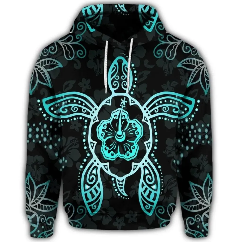 Alohawaii Hoodie - Hawaiian Turtle And Hibiscus Polynesian Hoodie Turquoise - AH - JR