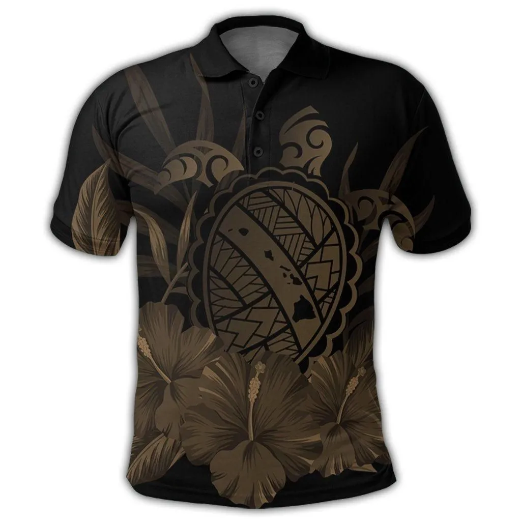 Hawaiian Map Turtle Hibiscus Polynesian Polo Shirt - Gold