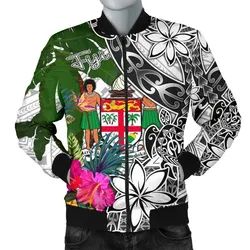 Fiji Mens Bomber Jacket White - Turtle Plumeria Banana Leaf Crest