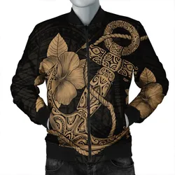 Hawaiian Anchor Poly Tribal Hibiscus Polynesian Bomber Jacket Gold - AH