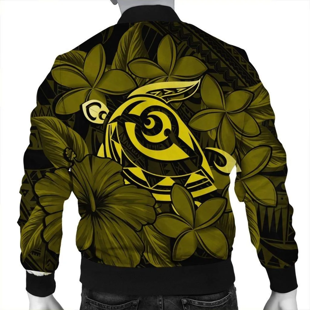 Hawaiian Turtle Hibiscus Plumeria Kanaka Polynesian Bomber Jacket Yellow - Soft Style