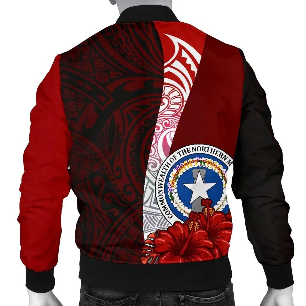 Northern Mariana Islands Polynesian Mens Bomber Jacket - Coat Of Arm With Hibiscus