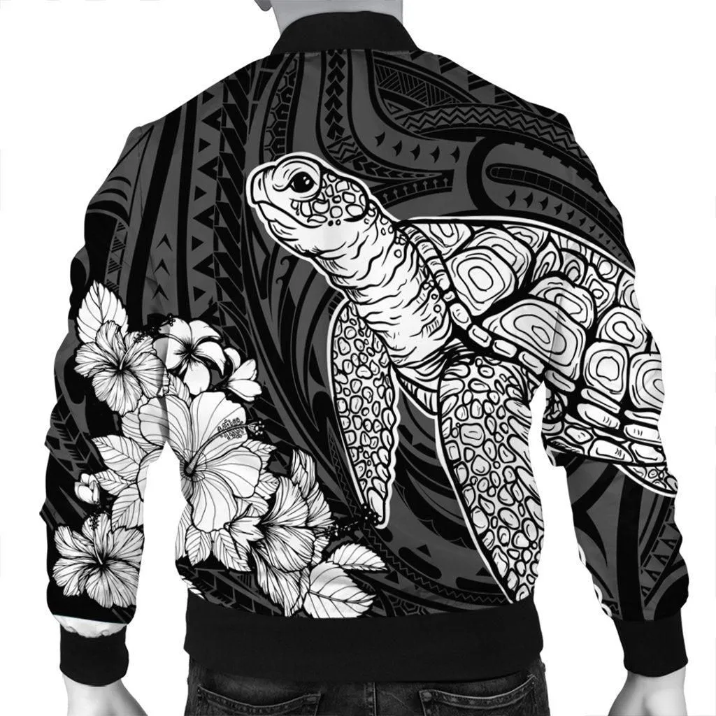 Hawaiian Hibiscus Memory Turtle Polynesian Bomber Jacket White - AH