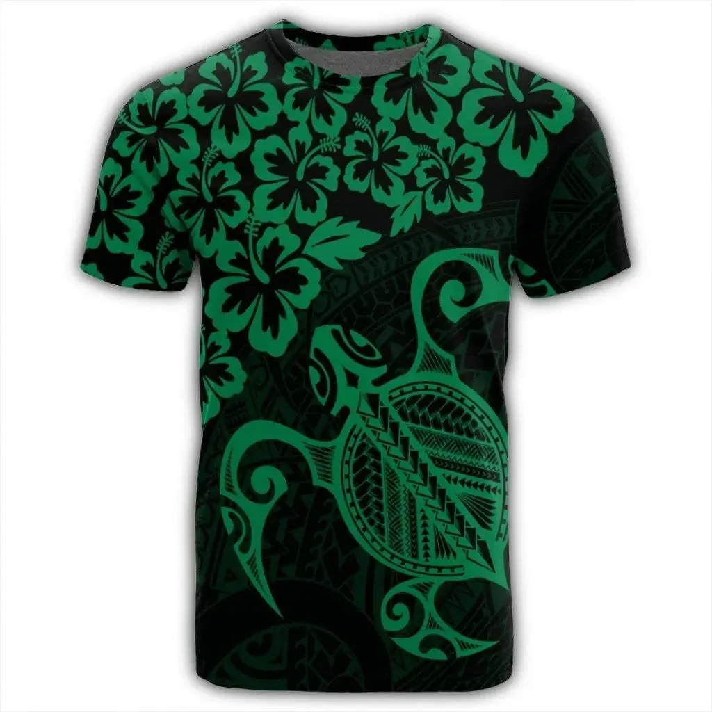 Alohawaii Tee - Hawaiian Map Turtle Hibiscus Kanaka Polynesian T-shirt Green - AH - J4R