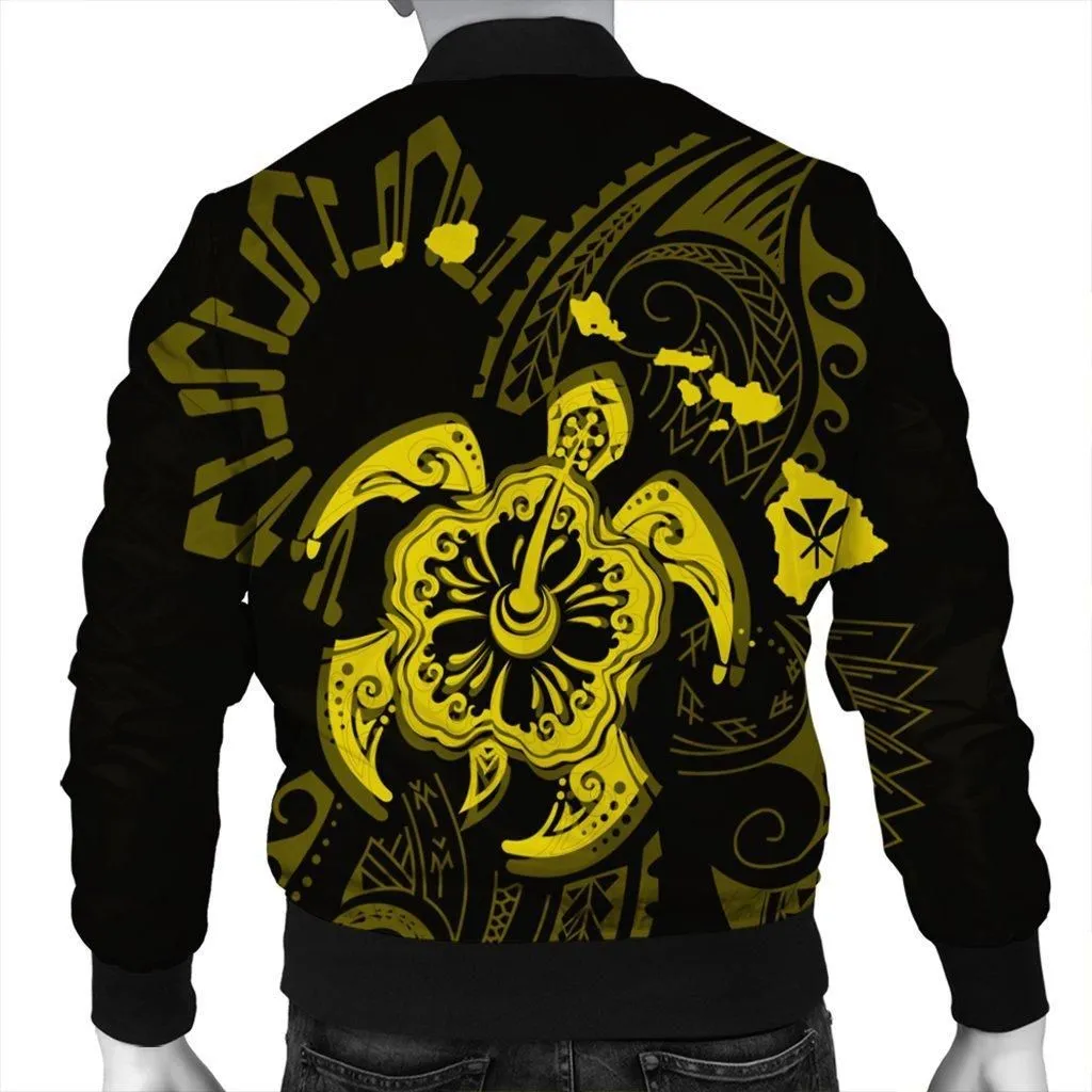 Hawaiian Map Kanaka Hibiscus Turtle Yellow Polynesian Bomber Jacket - AH