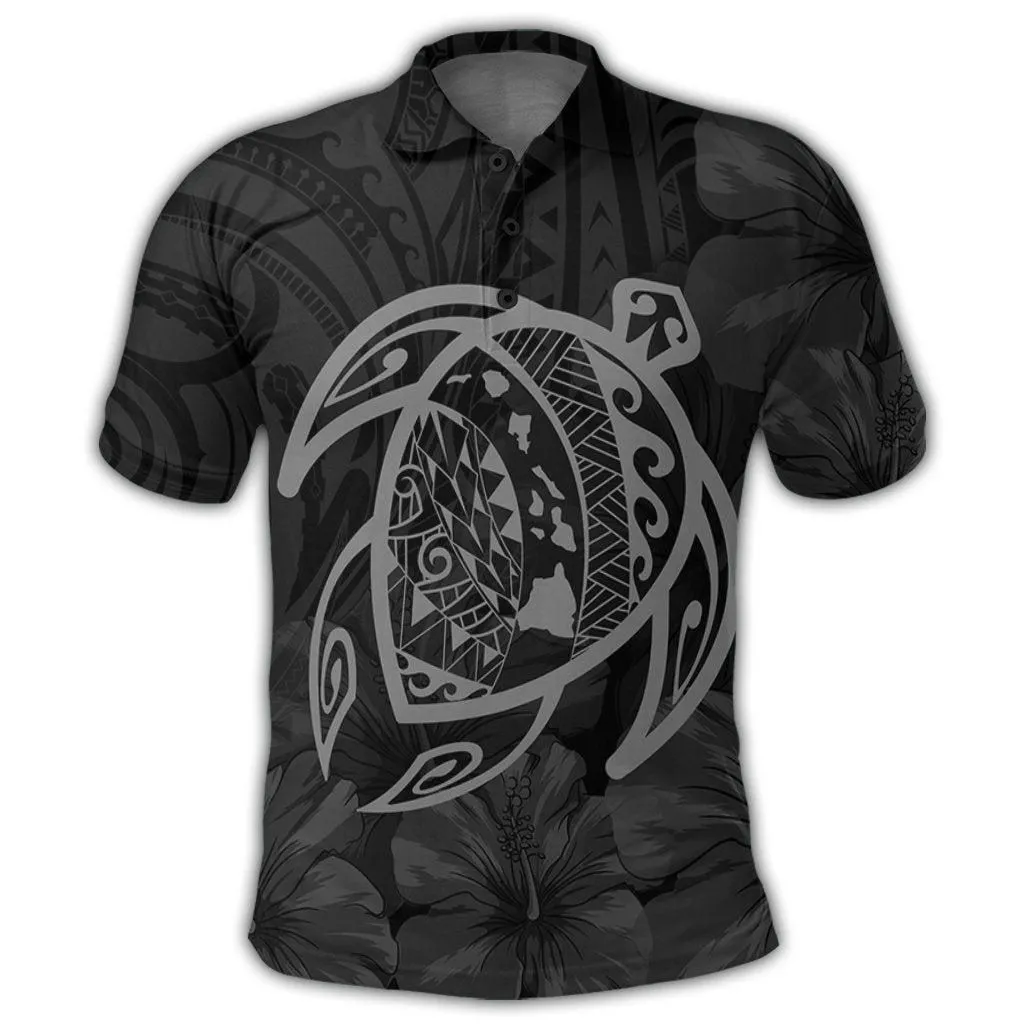 Hawaiian Map Turtle Kanaka Hibiscus Polynesian Polo Shirt - Gray - AH