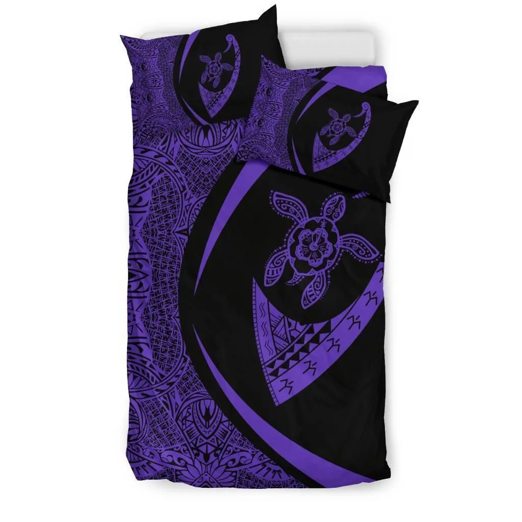 Hawaiian Turtle Fish Hook Hibiscus Polynesian Bedding Set - Circle Style Purple