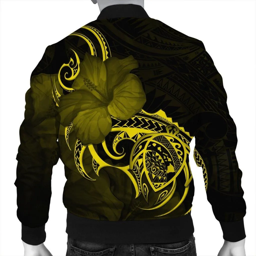 Hawaii Map Turtle Hibiscus Divise Polynesian Bomber Jacket Yellow - AH