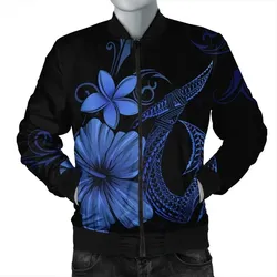 FamilyGater Jacket - Hawaiian Fish Hook Hibiscus Plumeria Polynesian Bomber Jacket - Blue - AH - J4R
