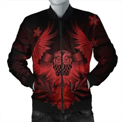 Hawaiian Owl Hibiscus Plumeria Polynesian Bomber Jacket - Red