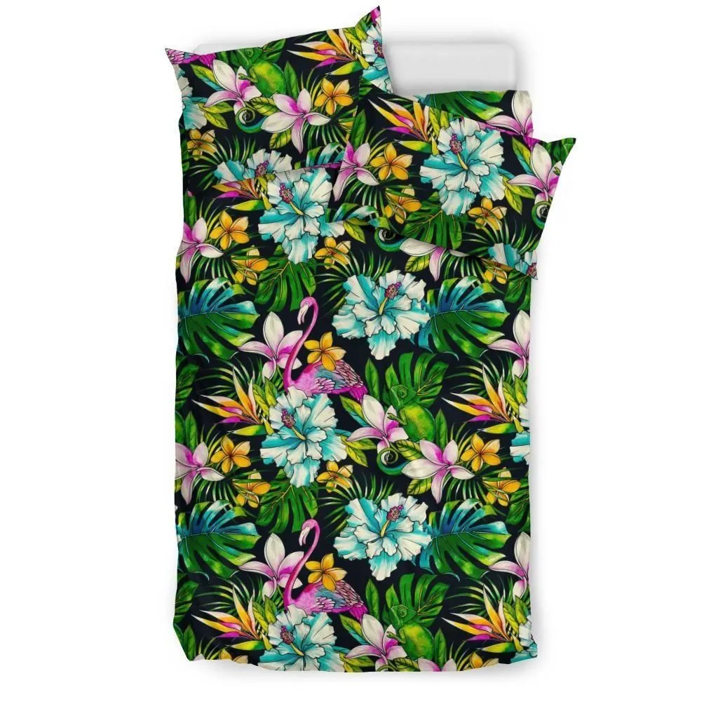 FamilyGater Home Set - Hawaiian Hibiscus Flomingos And Tropical Flowers Polynesian Bedding Set - AH - J7