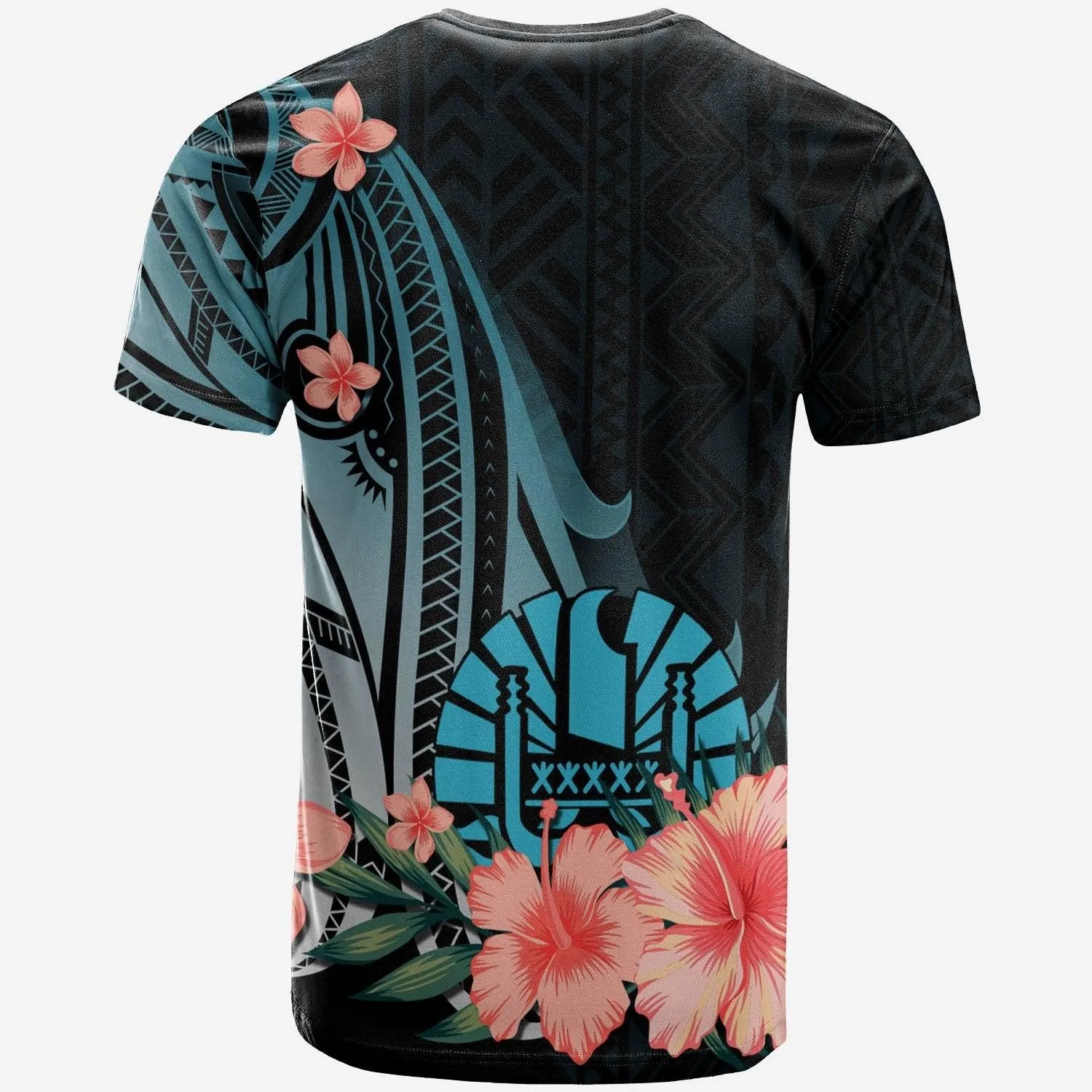 Tahiti T-Shirt - Turquoise Polynesian Hibiscus Pattern Style