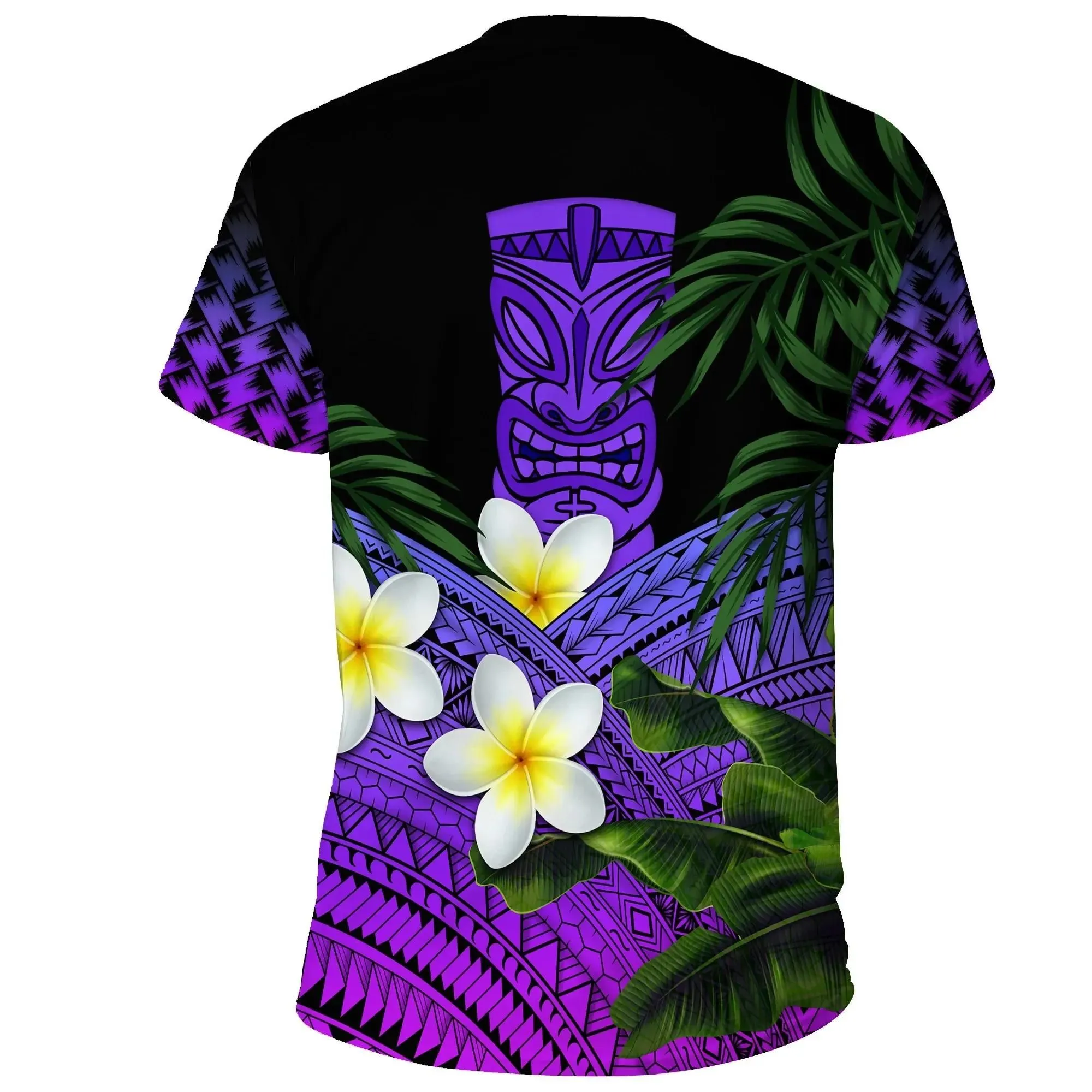 Hawaii T-Shirts, Polynesian Tiki Plumeria Banana Leaves Purple A02