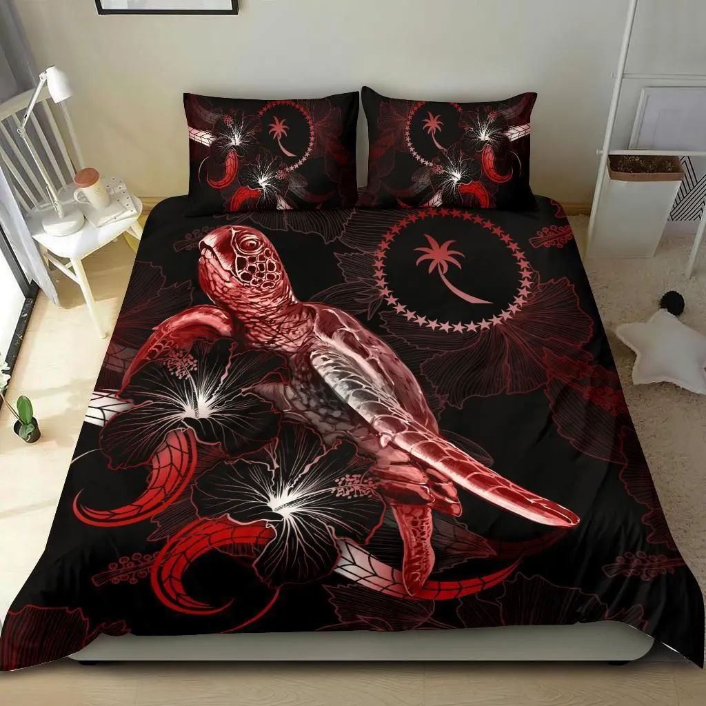Chuuk Polynesian Bedding Set - Turtle With Blooming Hibiscus Red