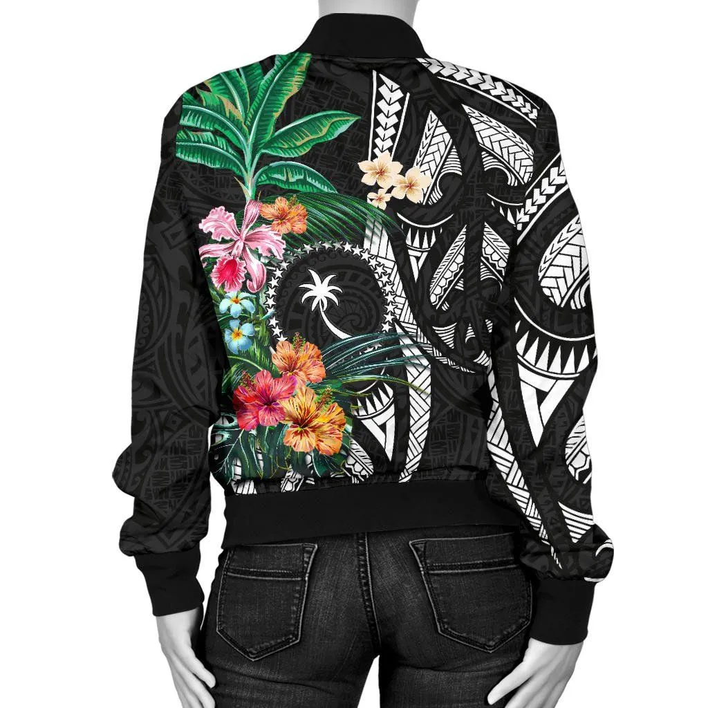Chuuk Women's Bomber Jacket Coat Of Arms Polynesian With Hibiscus TH5