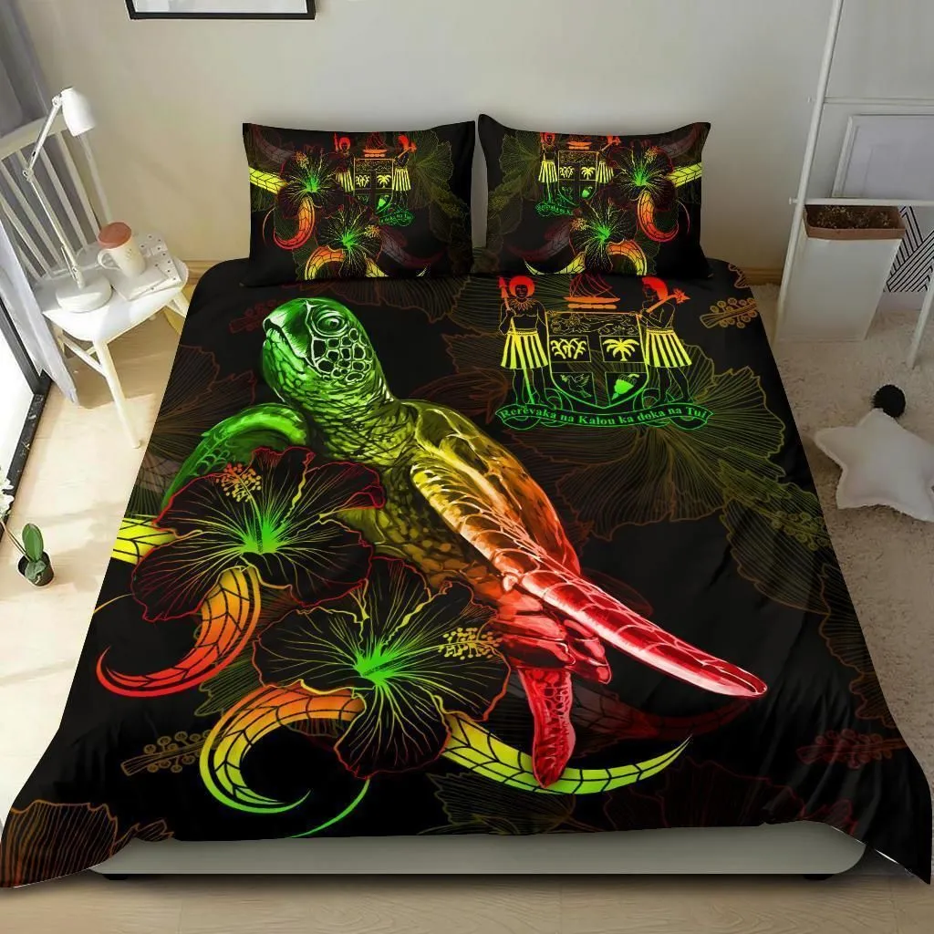 Fiji Polynesian Bedding Set - Turtle With Blooming Hibiscus Reggae