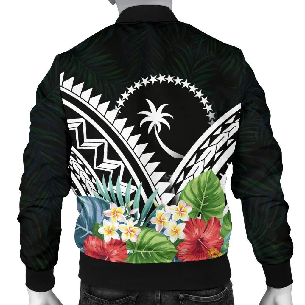 Chuuk Mens Bomber Jacket - Chuuk Coat of Arms & Polynesian Tropical Flowers White