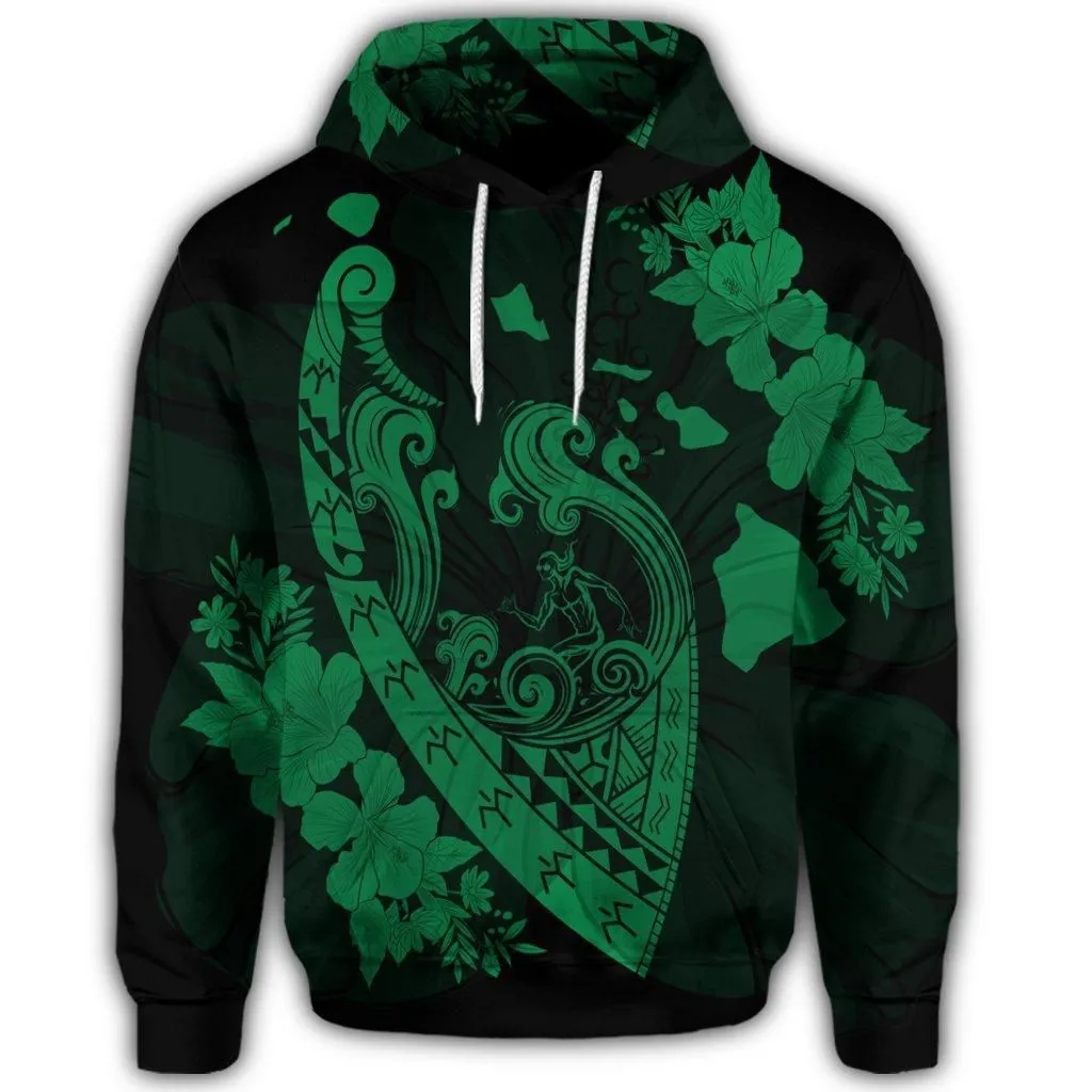 Hawaiian Fish Hook Hibiscus Banzai Surfing Polynesian Hoodie Green