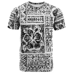 Fiji Tribal Black T Shirt Triple Hibiscus Tapa Style LT9