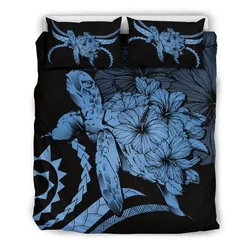 Hawaii Bedding Set - Hawaii Turtle Hibiscus Polynesian Vintage Bedding Set - Pastel Blue