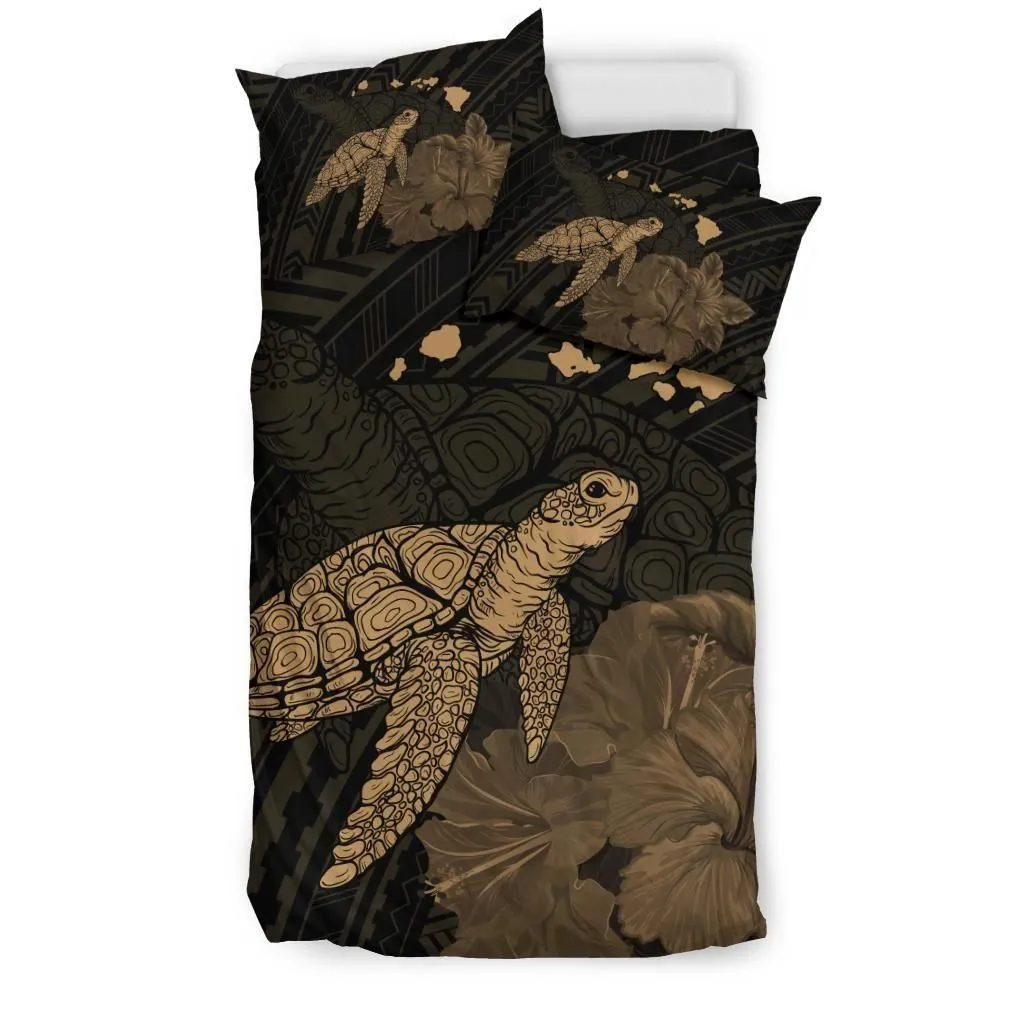 Alohawaii Home Set - Hawaii Polynesian Hibiscus Turtle Map Bedding Set - AH - Gold - J5
