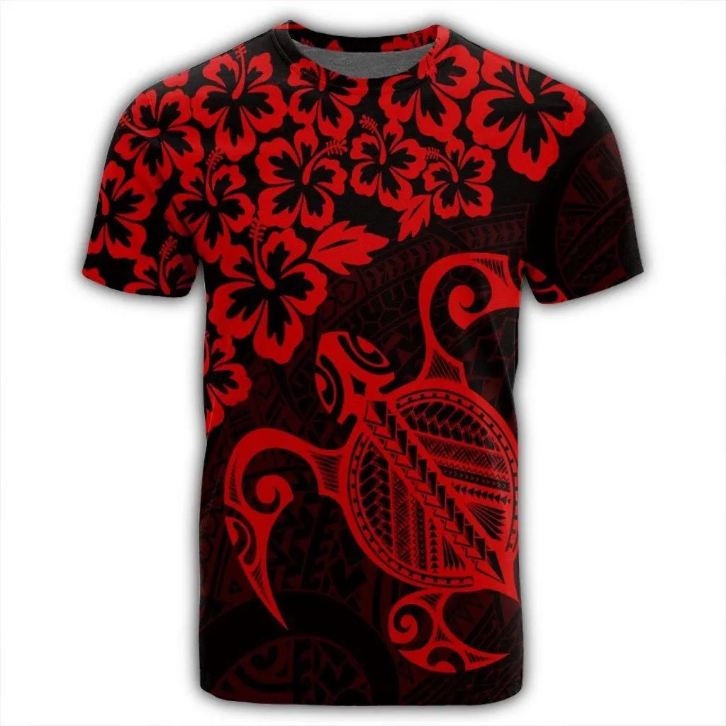 Hawaiian Map Turtle Hibiscus Kanaka Polynesian T-Shirt - Red - AH