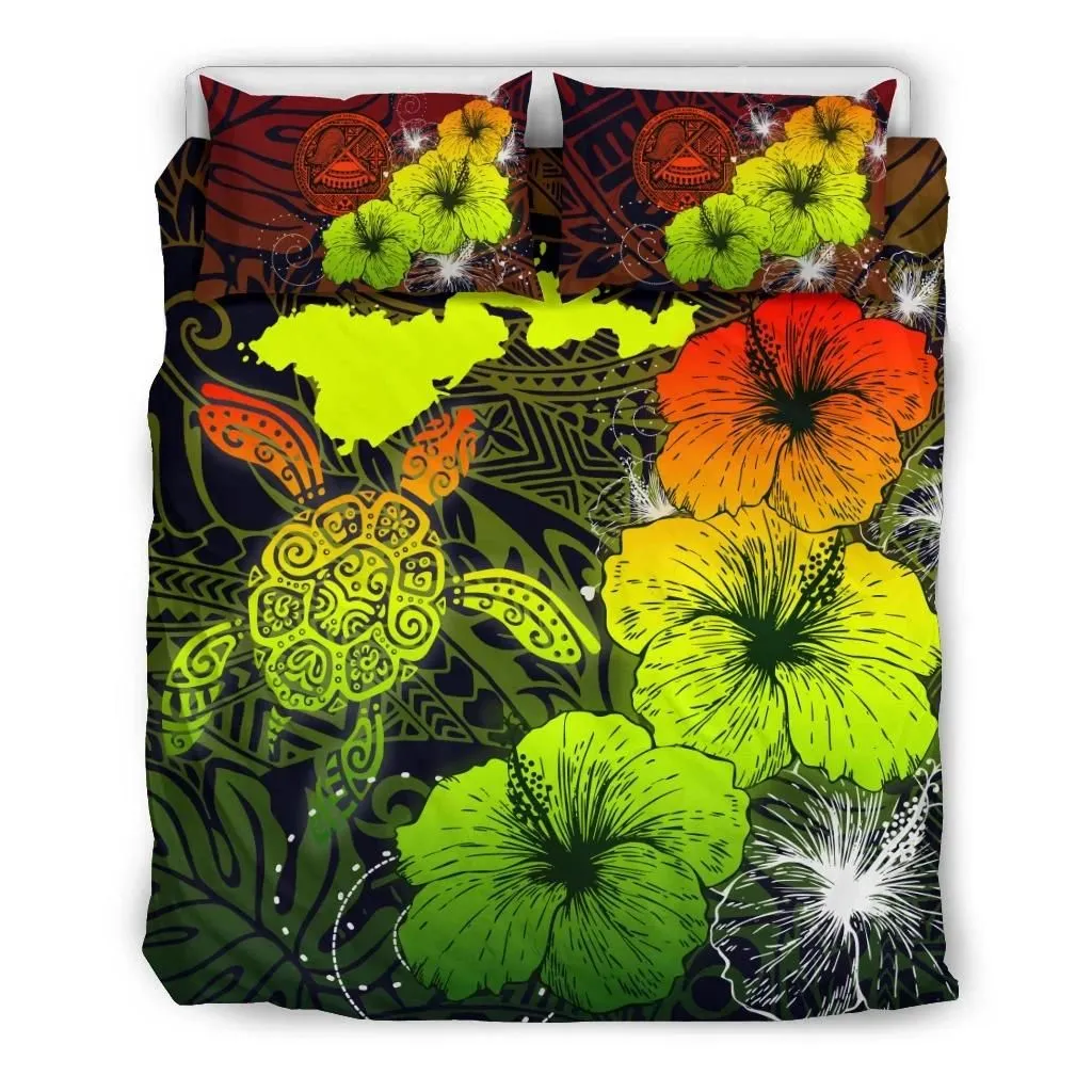 American Samoa Hibiscus Turtle Polynesian Bedding Set - Maps Style Reggae A10