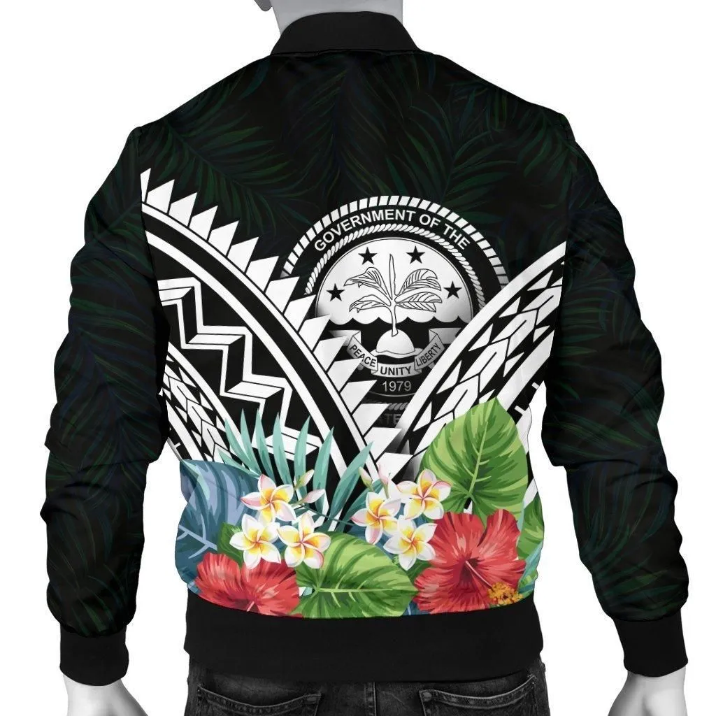 FSM Mens Bomber Jacket - FSM Coat of Arms & Polynesian Tropical Flowers White
