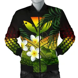 Kanaka Maoli (Hawaiian) Mens Bomber Jacket, Polynesian Plumeria Banana Leaves Reggae