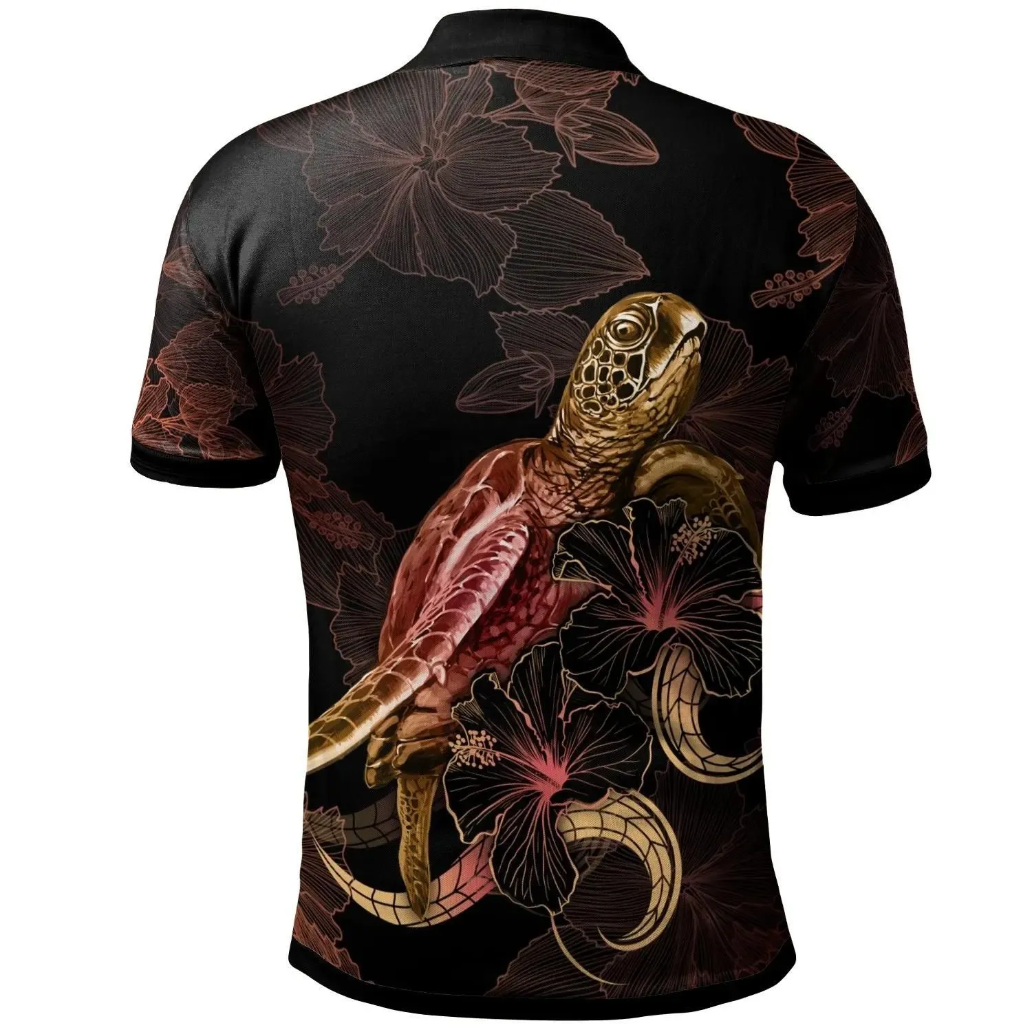 Yap Polynesian Polo Shirt - Turtle With Blooming Hibiscus Gold - BN22