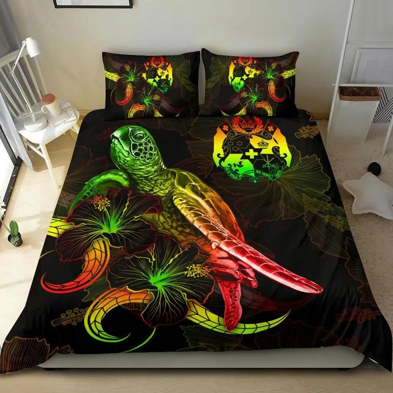 Tonga Polynesian Bedding Set - Turtle With Blooming Hibiscus Reggae