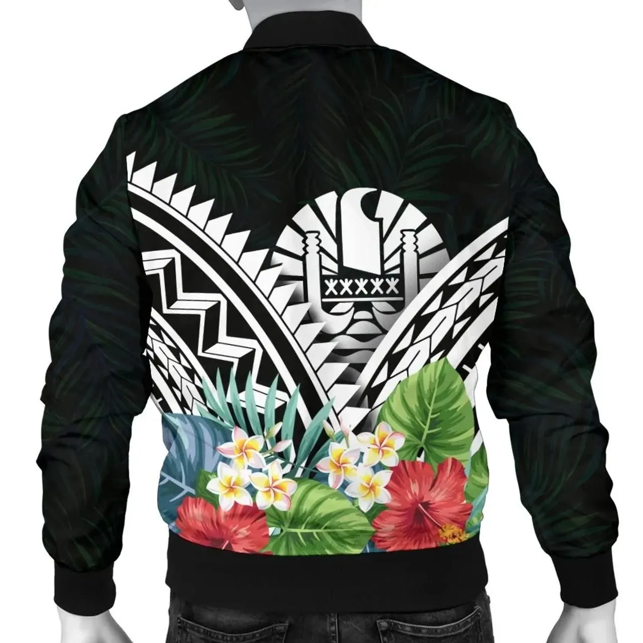 Tahiti Bomber Jacket - Tahiti Caledonia Coat of Arms & Polynesian Tropical Flowers White