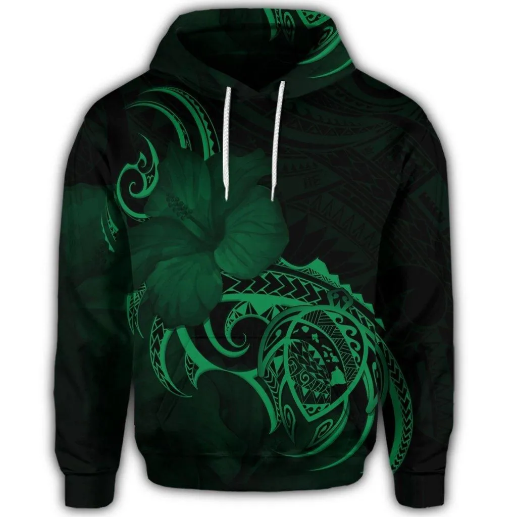 Hawaiian Map Turtle Hibiscus Divise Polynesian Hoodie Green