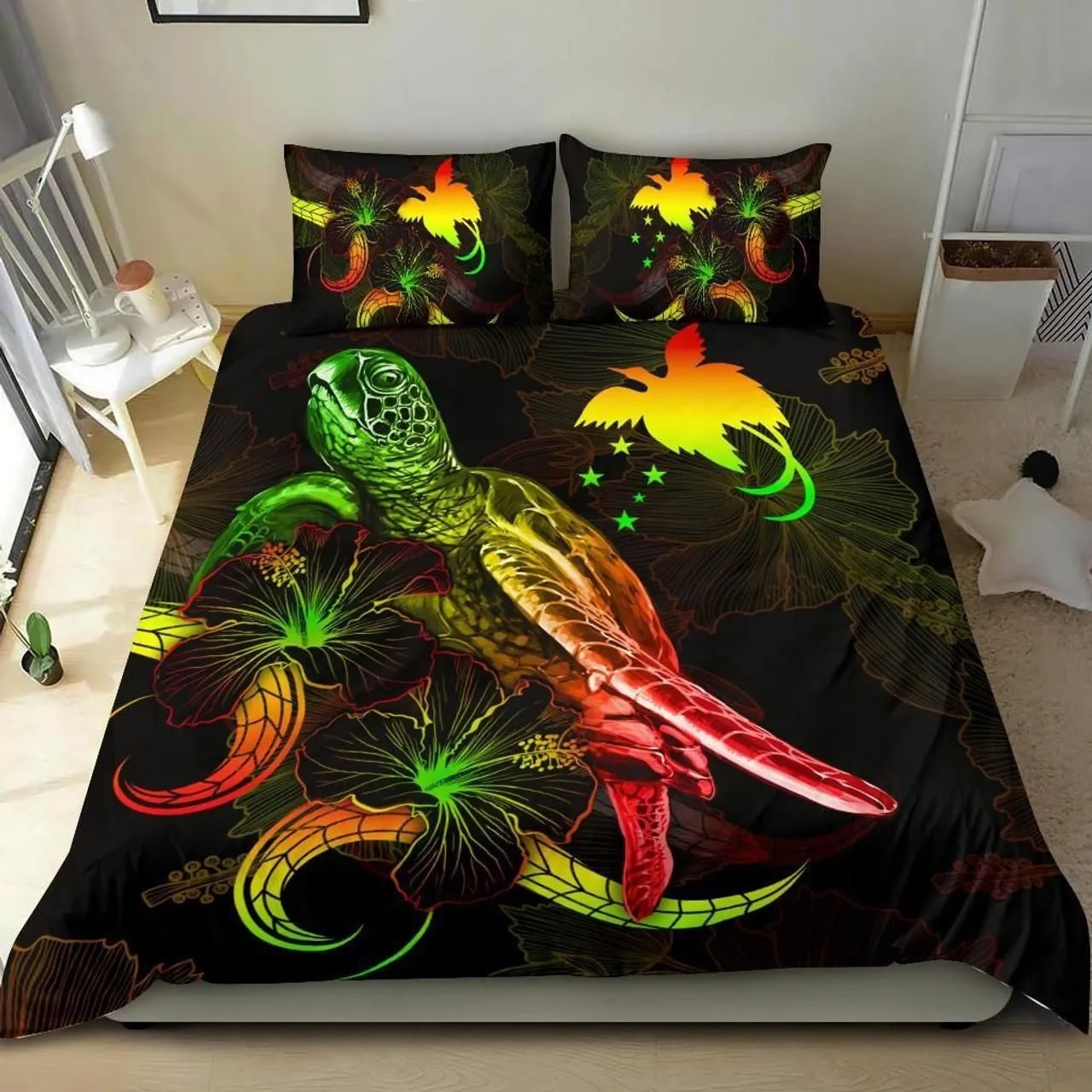Papua New Guinea Polynesian Bedding Set - Turtle With Blooming Hibiscus Reggae