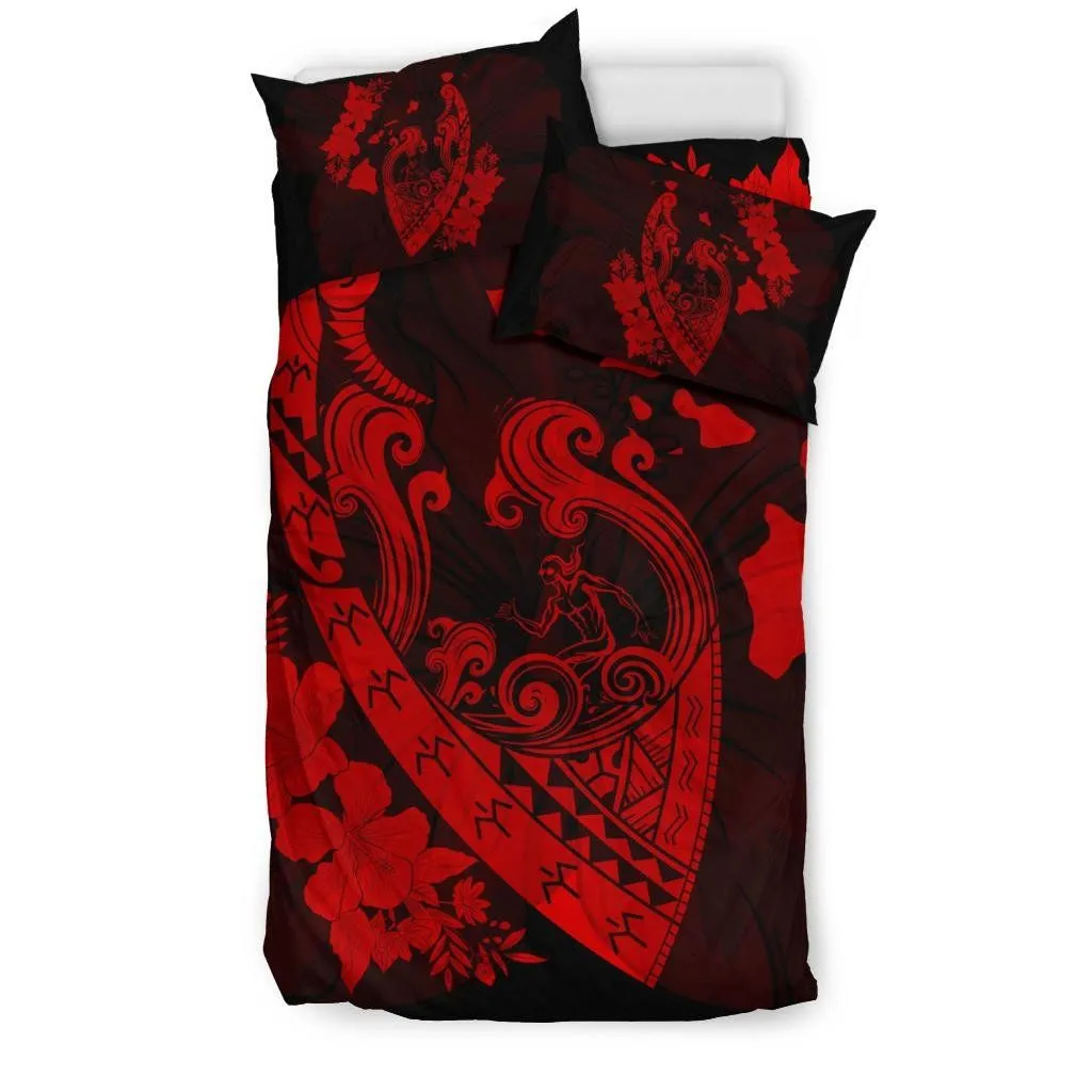 Hawaiian Fish Hook Hibiscus Banzai Surfing Polynesian Bedding Set Red - AH - J5