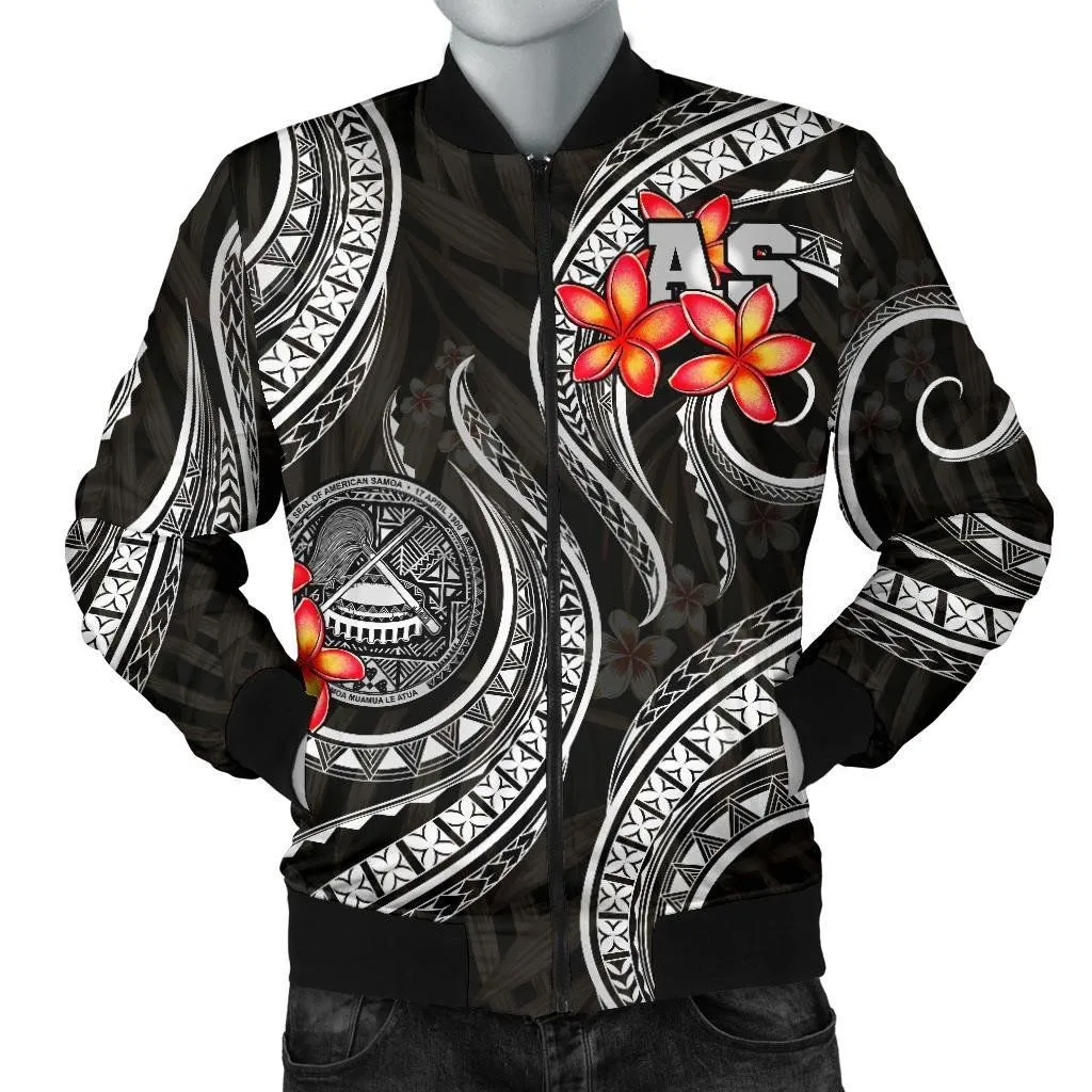 American Samoa Polynesian Men Bomber Jacker - Black Plumeria - BN11