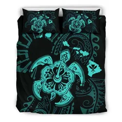 FamilyGater Bedding Set - Cover and Pillow Cases Hawaiian Map Kanaka Hibiscus Turtle Turquoise Polynesian  - AH - J4