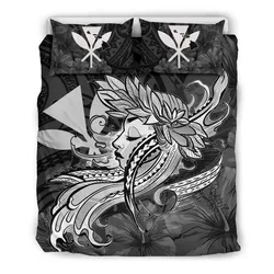 Alohawaii Home Set - Hawaiian Map Hula Girl Hibiscus Kanaka Polynesian Bedding Set - White - AH J4