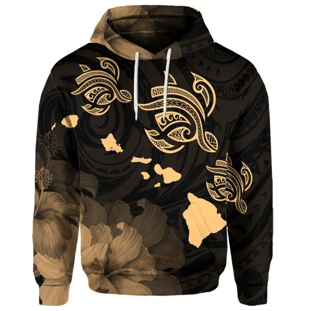 (Personalised) Hawaii Turtle Hibiscus Map Polynesian Hoodie Gold - AH
