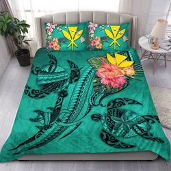 Kanaka Maoli Hawaii Bedding Set - Turtle Tribal Tattoo With Hibiscus Turquoise K4