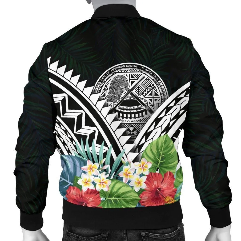 American Samoa Mens Bomber Jacket - Yap Coat of Arms & Polynesian Tropical Flowers White