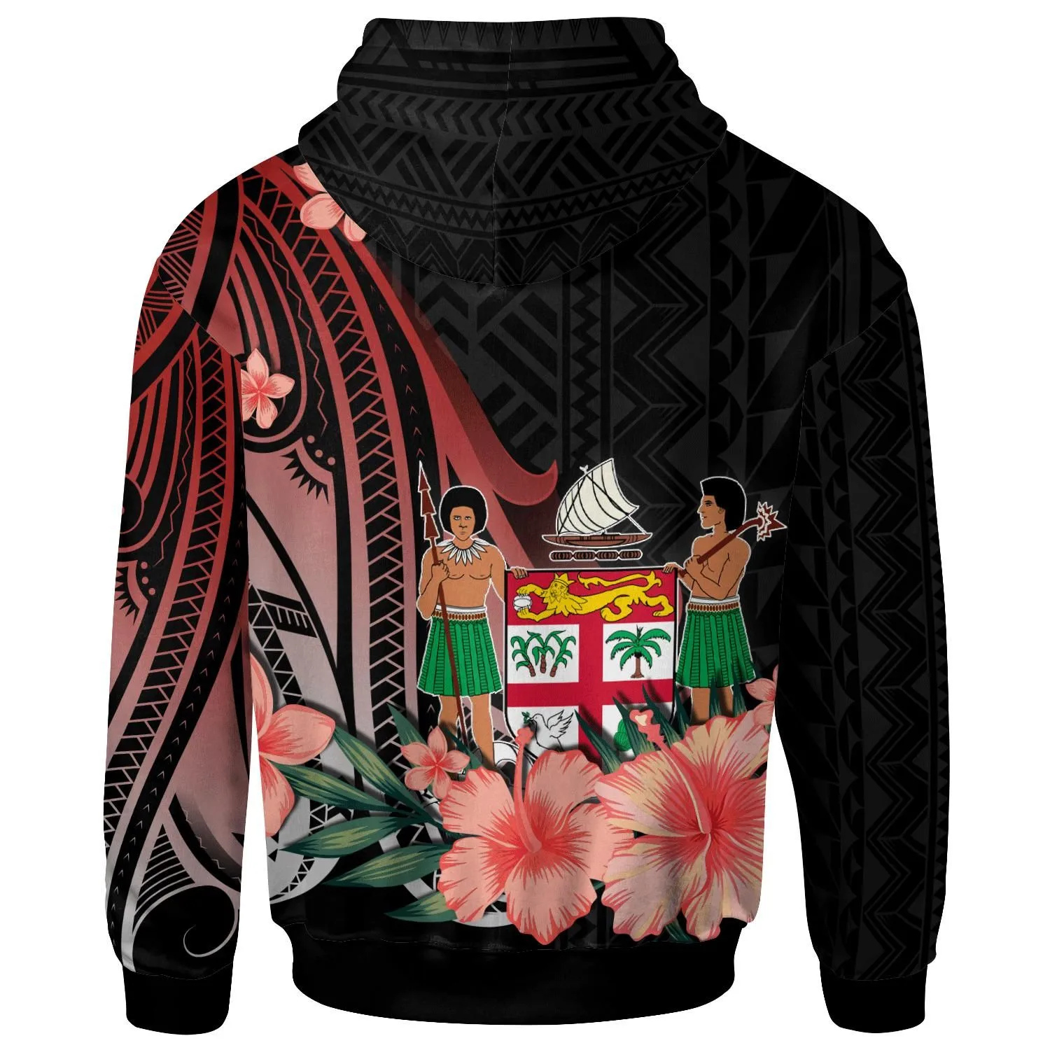 Fiji Personalised Custom Hoodie - Red Polynesian Hibiscus Pattern Style