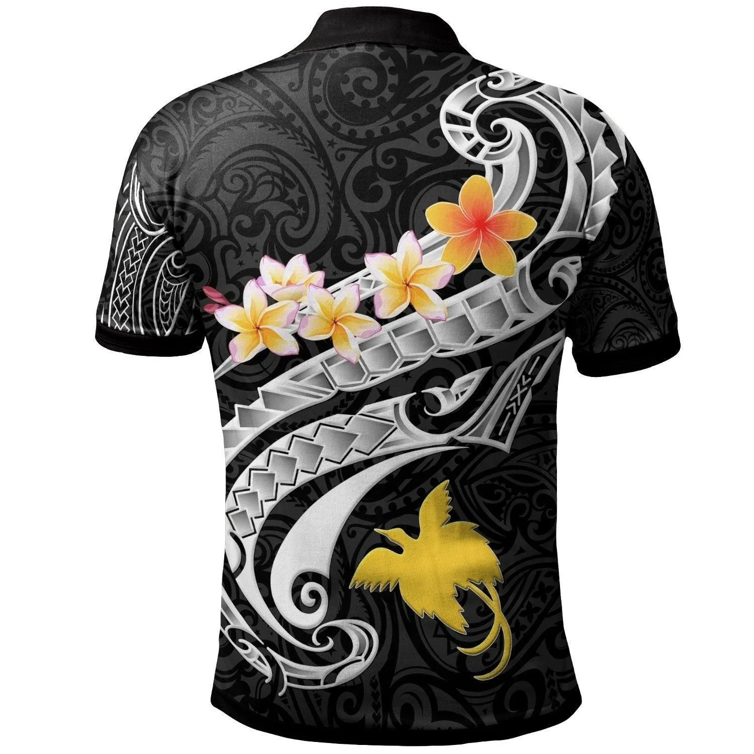 Papua New Guinea Custom Personalised Polo Shirt - PNG Seal Polynesian Patterns Plumeria (Black)