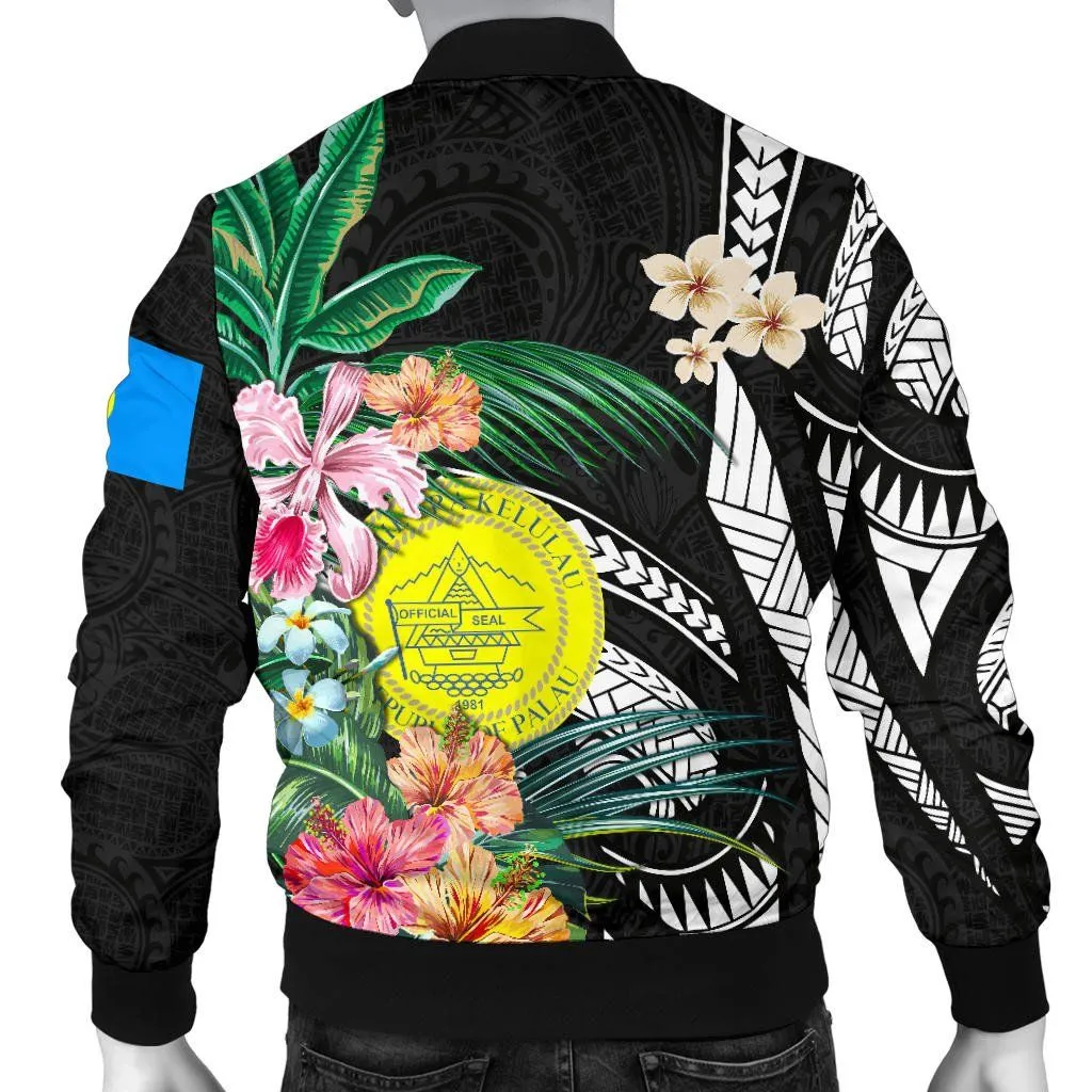 Palau Men's Bomber Jacket Coat Of Arms Polynesian With Hibiscus TH5