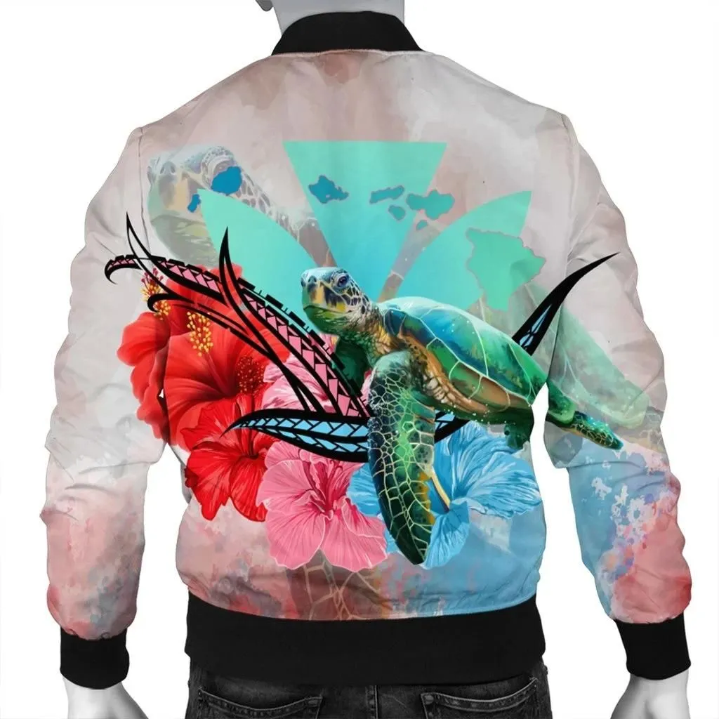 Alohawaii Jacket - Hawaii Map Kanaka Sea Turtle Hibiscus Bomber Jacket - AH - Blue Pink - J5R