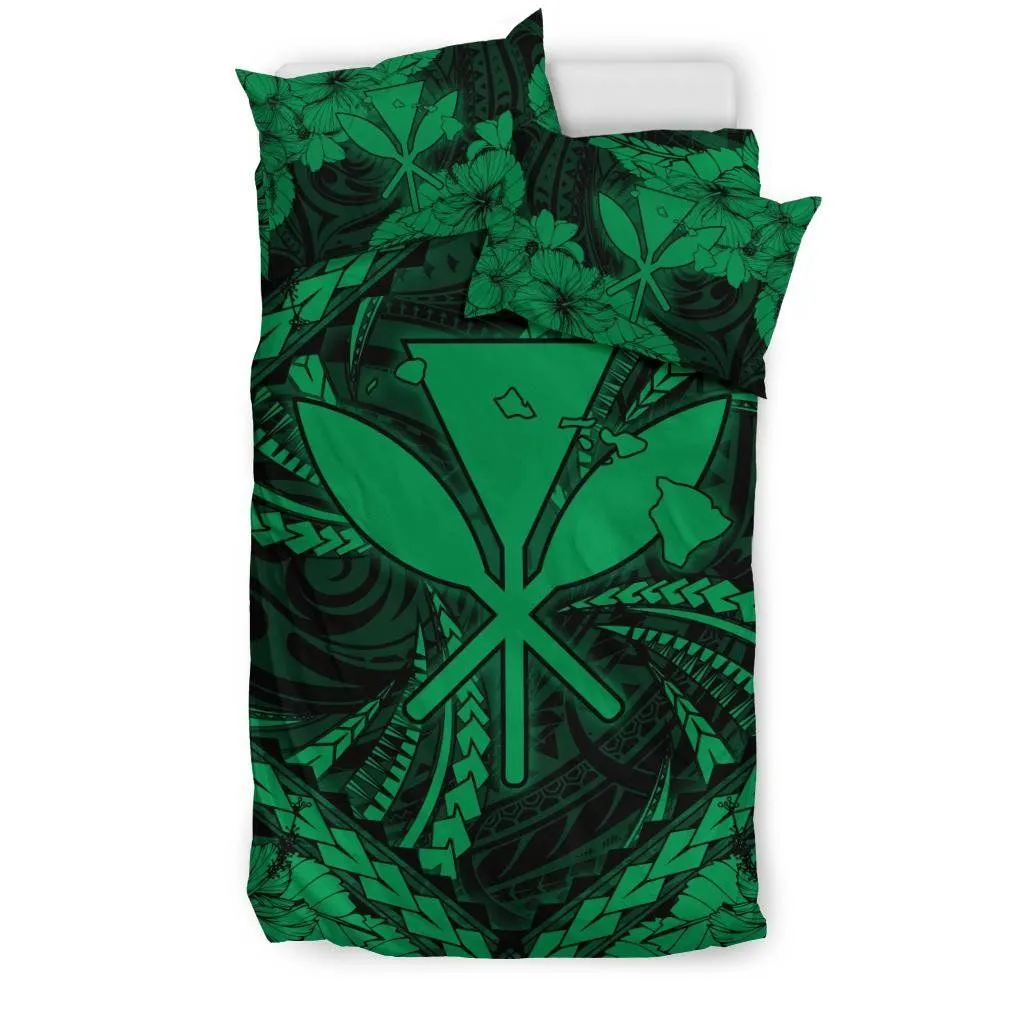 FamilyGater Home Set - Hawaiian Map Kanaka Hibiscus Green Polynesian Bedding Set - AH - JD