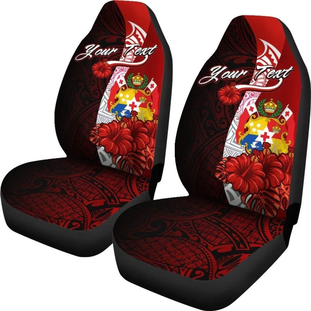 Tonga Polynesian Custom Personalised Car Seat Covers - Coat Of Arm With Hibiscus