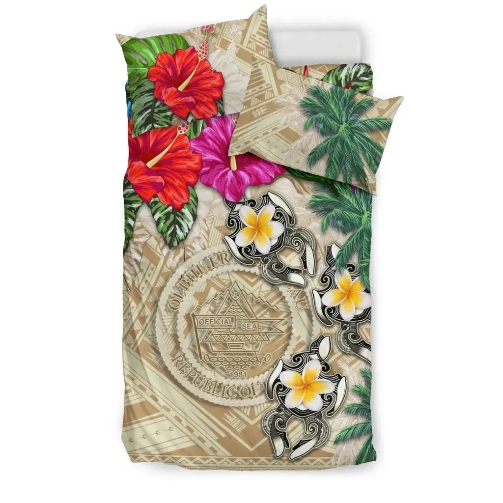 FamilyGater Bedding Set - Cover and Pillow Cases Palau - Hibiscus Turtle Tattoo Beige A02
