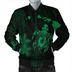 Hawaiian Map Turtle Plumeria Hibiscus Fish Hook Polynesian Bomber Jacket Green